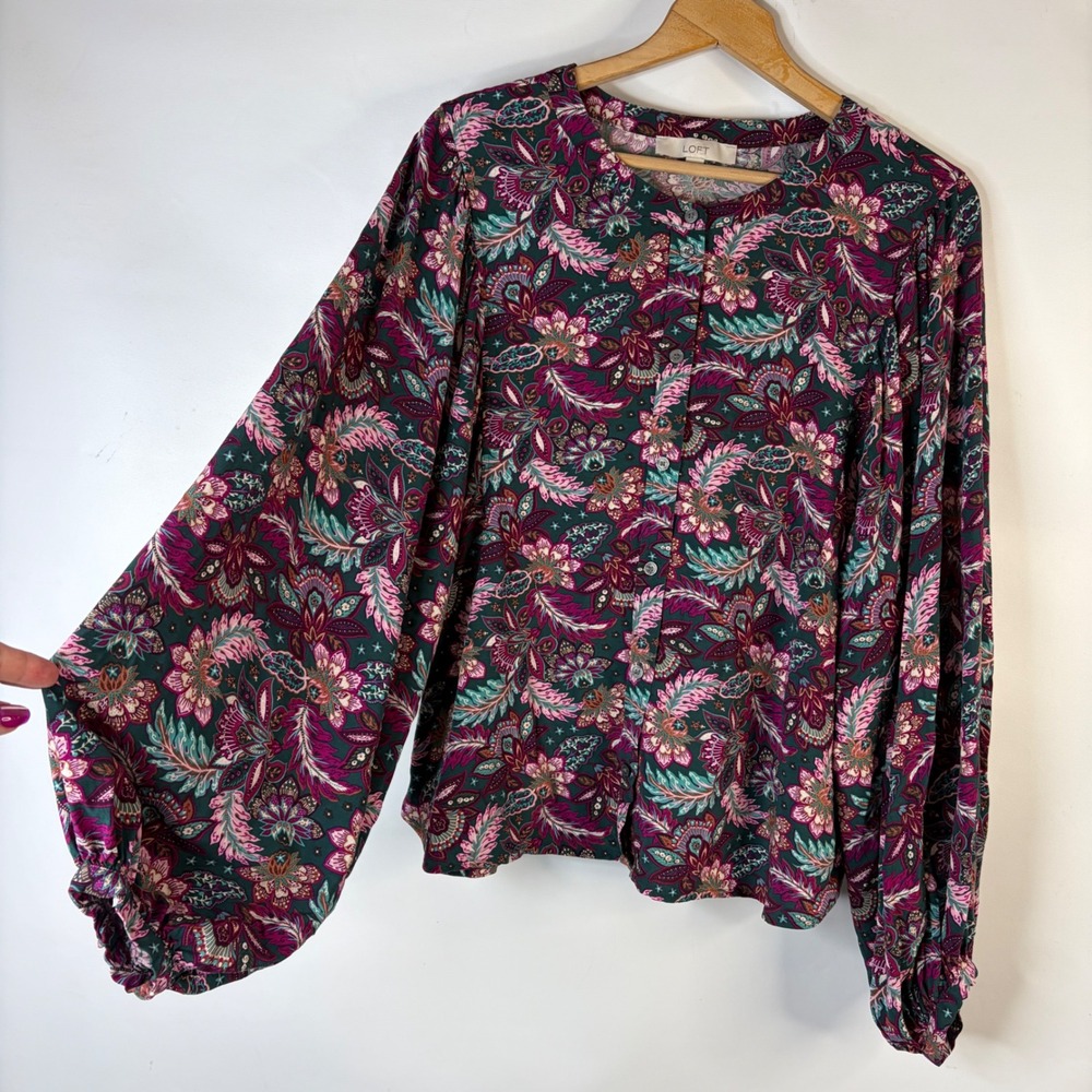 LOFT Blouse Women XL Multicolor Paisley Floral Bishop Sleeve Button Front Boho